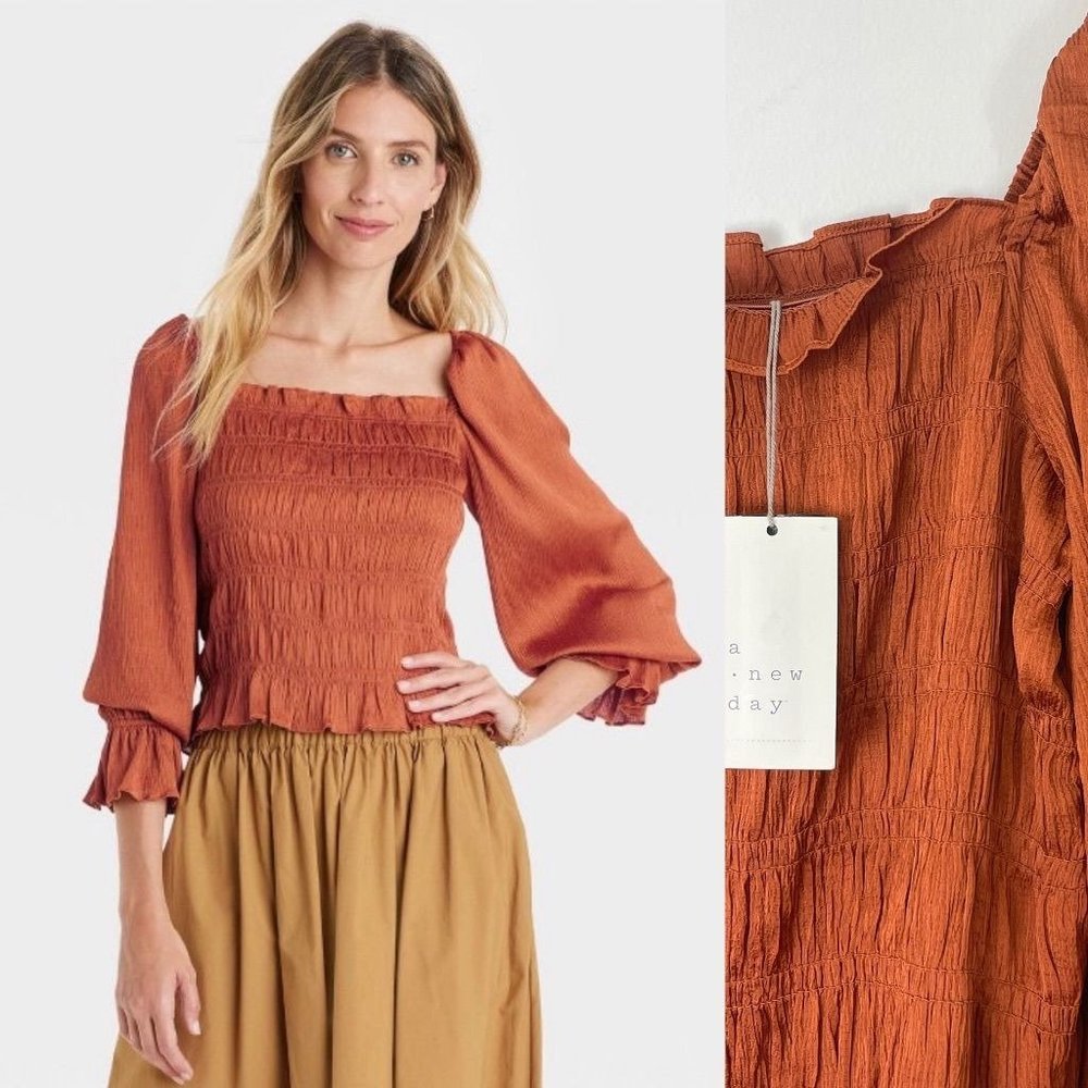 A New Day Women's Blouse Medium Brown Puff Long Sleeve Smocked Top Peplum New